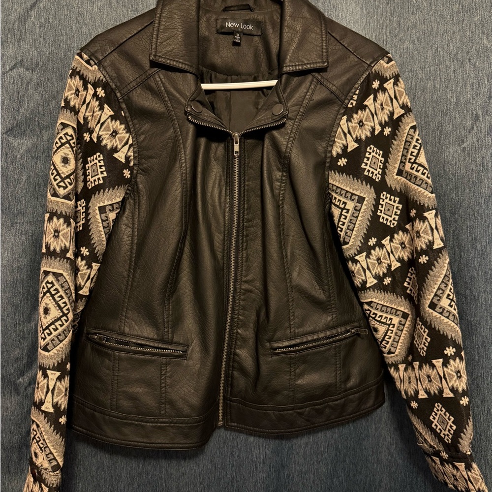 New Look Black and Tan Leather Jacket with Patterned Sleeves